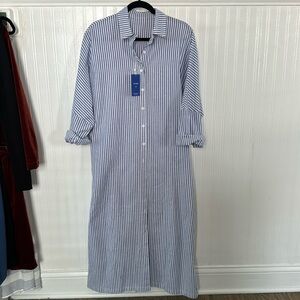 Casual Quarter Sleeve Button Down Loose Striped Cotton Maxi Shirt Dress